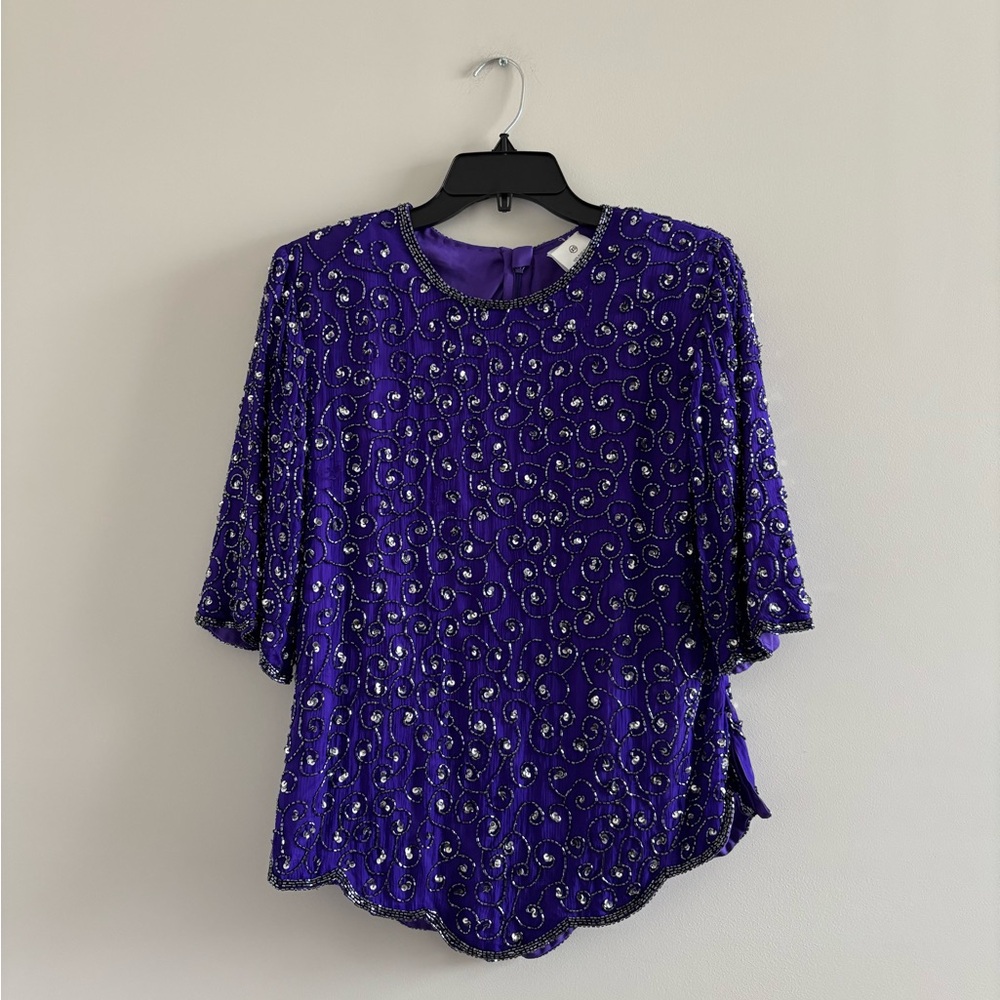 VTG Blouse Silk Sequin Beaded Purple Short Sleeve Women XS Elegant 80s Party
